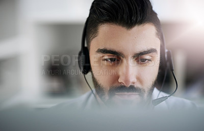 Buy stock photo Communication, face or man in call center consulting, speaking or talking at customer services. Virtual assistant, contact us or sales consultant in telemarketing or telecom company help desk office