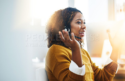 Buy stock photo Communication, mockup or happy woman in call center consulting, speaking or talking at customer services. Virtual assistant, friendly or sales consultant in telemarketing or telecom company help desk