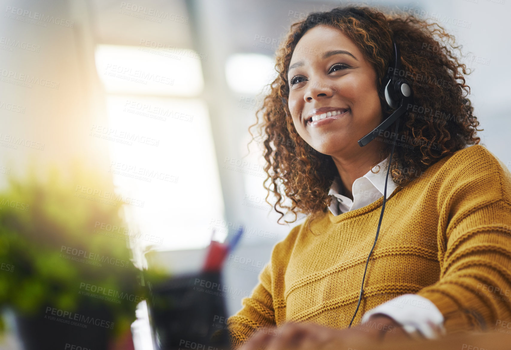 Buy stock photo Young african woman, call center agent or listen on voip headset with mockup space, lens flare or contact. Girl, customer service or tech support crm with smile, headphones or microphone at help desk