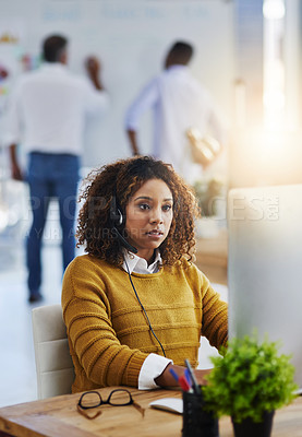 Buy stock photo Virtual assistant, computer or woman typing in call center consulting online at customer services help desk. Chat, crm agent or biracial girl consultant in telemarketing or telecom company in office