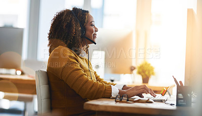 Buy stock photo Typing, chat or happy woman in call center consulting, speaking or talking at customer services. Virtual assistant, computer or friendly consultant in telemarketing or telecom company help desk 
