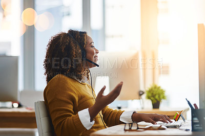 Buy stock photo Typing, chat or happy woman in call center speaking, consulting or talking at customer services. Virtual assistant, computer or friendly consultant in telemarketing or telecom company help desk 