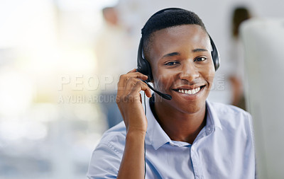 Buy stock photo Virtual assistant, portrait or friendly black man in call center consulting or talking at customer services. Communication, happy smile or face of sales agent on mic in telemarketing or telecom desk