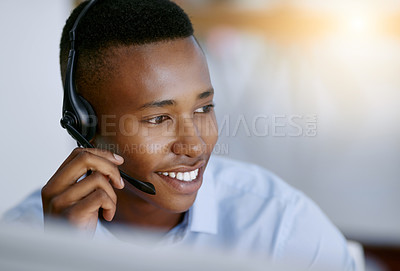 Buy stock photo Virtual assistant, mic or happy black man in call center consulting or talking at customer services. Communication, friendly smile or face of African sales agent in telemarketing or telecom help desk