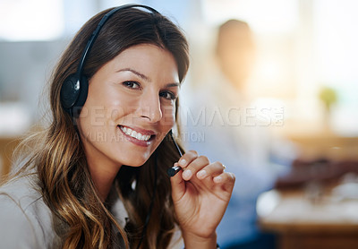 Buy stock photo Portrait, mic or happy woman in call center consulting, speaking or talking at customer services. Virtual assistant, friendly face or sales consultant in telemarketing or telecom company help desk 