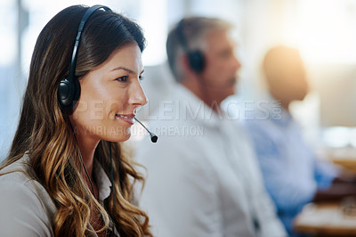 Buy stock photo Virtual assistant, contact us or friendly woman in call center consulting, speaking or talking at customer services. Communication, happy or sales consultant in telemarketing or telecom company 