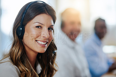 Buy stock photo Portrait, contact us or happy woman in call center consulting, speaking or talking at customer services. Virtual assistant, friendly face or consultant in telemarketing or telecom company help desk 