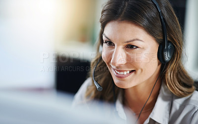 Buy stock photo Communication, face or friendly woman in call center consulting, speaking or talking at customer services. Virtual assistant, happy or sales consultant in telemarketing or telecom company help desk 