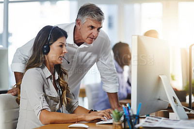 Buy stock photo Leadership, woman or senior manager in call center training telemarketing in customer services office. Contact us, coaching or mature mentor teaching an insurance agent on new job advice on computer