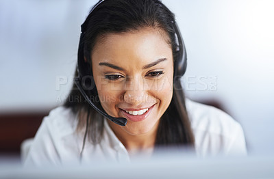 Buy stock photo Communication, face or friendly girl in call center consulting, speaking or talking at customer services. Virtual assistant, happy or sales consultant in telemarketing or telecom company help desk 