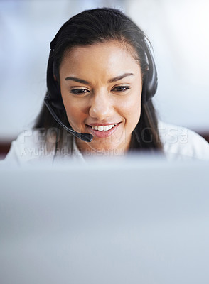 Buy stock photo Virtual assistant, face or happy woman in call center consulting, speaking or talking at customer services. Girl, friendly smile or sales consultant in telemarketing or telecom company help desk