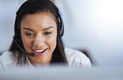 Buy stock photo Talking, face or happy woman in call center consulting or speaking at customer services help desk. Virtual assistant, friendly girl or sales consultant in telemarketing or telecom company office