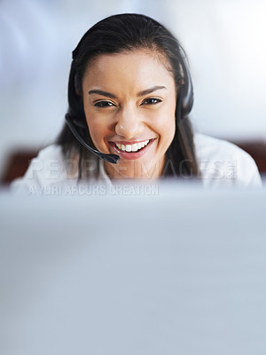 Buy stock photo Face, funny or happy woman in call center consulting, speaking or talking at customer services. Virtual assistant, friendly or sales consultant laughing in telemarketing or telecom company help desk 
