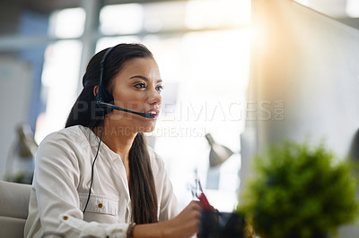 Buy stock photo Communication, contact us or woman in call center consulting, speaking or talking at customer services. Virtual assistant, girl or sales consultant in telemarketing or telecom company help desk 