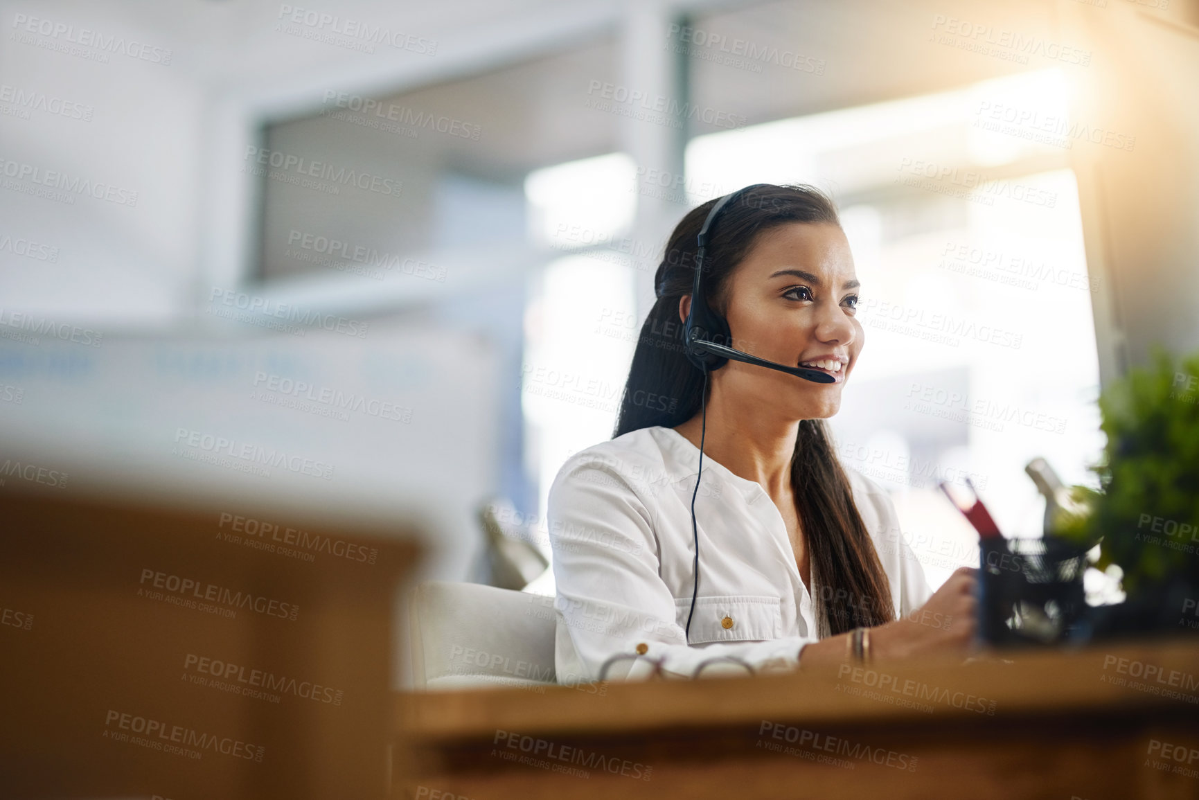 Buy stock photo Customer service, virtual assistant or happy woman in call center consulting, speaking or talking at help desk. Contact us, friendly agent or sales consultant in telemarketing or telecom company 