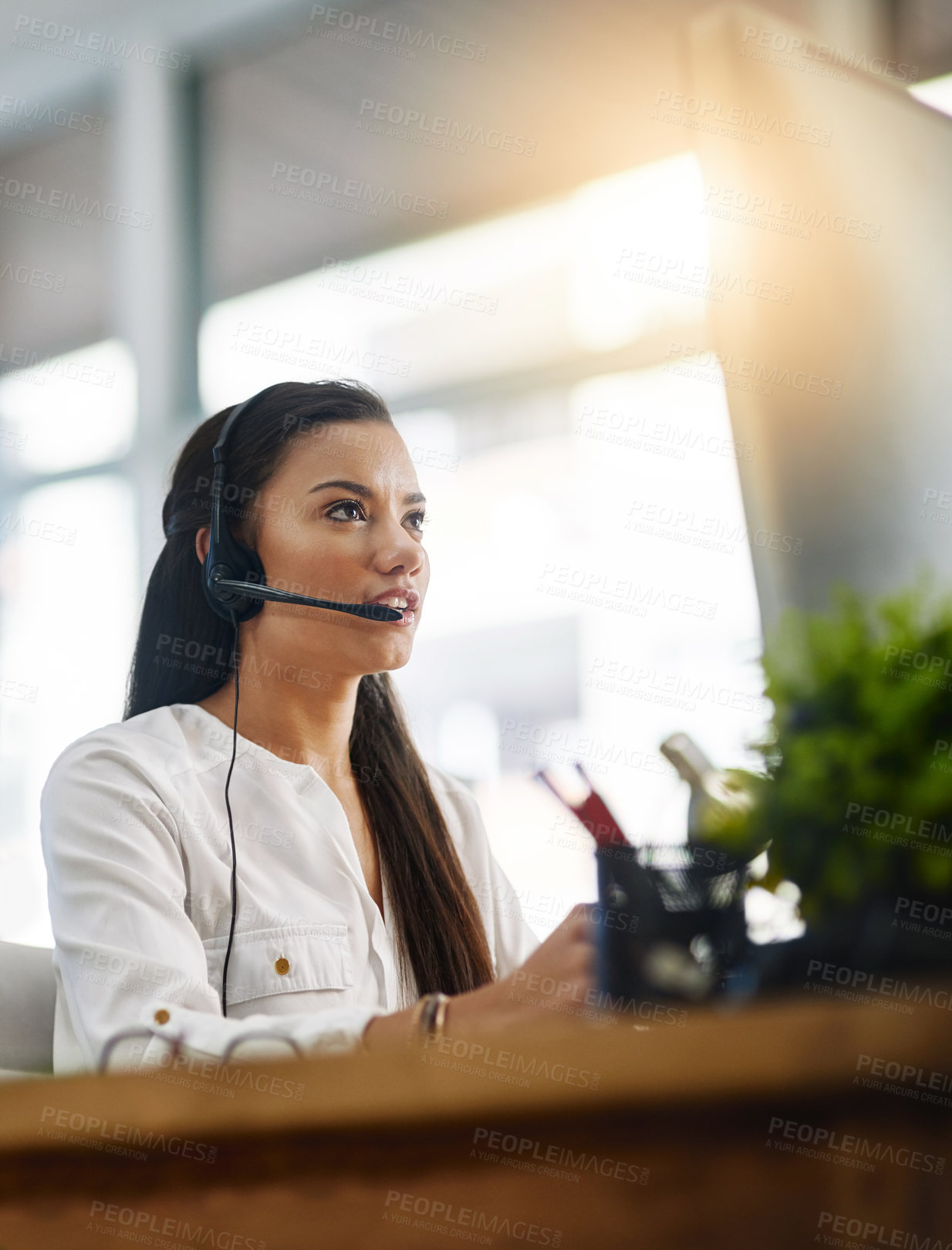 Buy stock photo Virtual assistant, customer services or woman in call center consulting, speaking or talking at help desk. Communication, contact us or sales consultant in telemarketing or telecom company office 