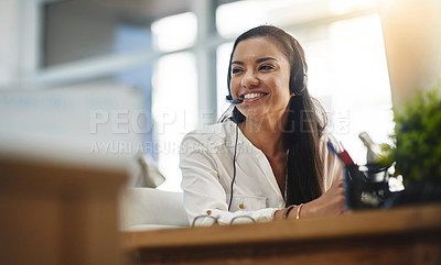 Buy stock photo Communication, crm or happy woman in call center consulting, speaking or talking at customer services. Virtual assistant, friendly or sales consultant in telemarketing or telecom company help desk 