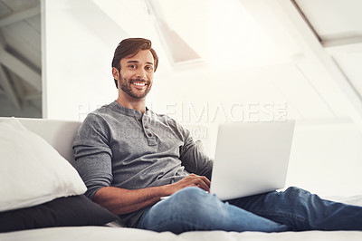 Buy stock photo Sofa, relax and portrait of man with laptop for search, networking and online freelance project in home. Smile, remote work and person on couch with computer for streaming, email or web subscription.