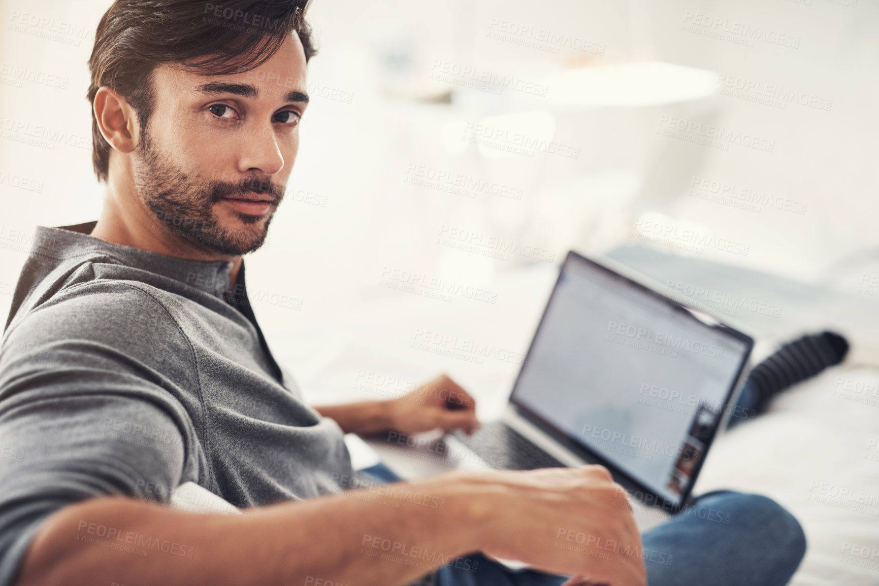 Buy stock photo Sofa, relax and portrait of man with laptop screen for search, networking and online project in home. Smile, remote work and person on couch with computer for streaming, email or web subscription.