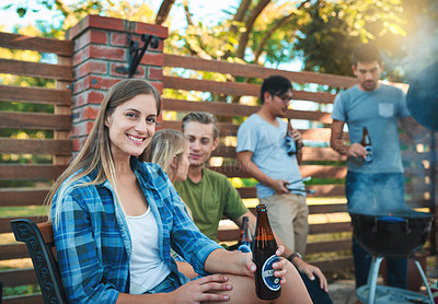 Buy stock photo Beer, portrait or relax and girl at party with friends for barbecue, celebration or social gathering. Alcohol, bbq and smile with happy person in backyard of home for drinking or event in summer