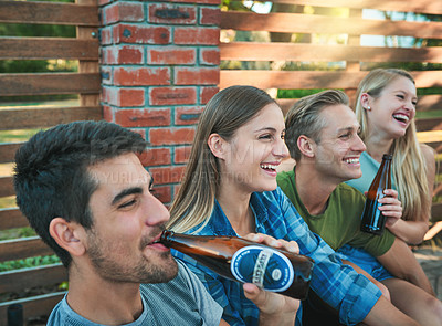 Buy stock photo Friends, beer and outdoor of home on patio with smile, laugh and labor day fun at party. Summer, backyard and happy people with alcohol, conversation and joke at group reunion and social event