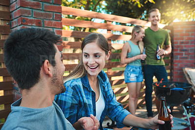 Buy stock photo Couple, barbeque and backyard with conversation, party and labor day event with celebration and drinks outdoor. Holiday, reunion and happy people together with social group and summer with friends