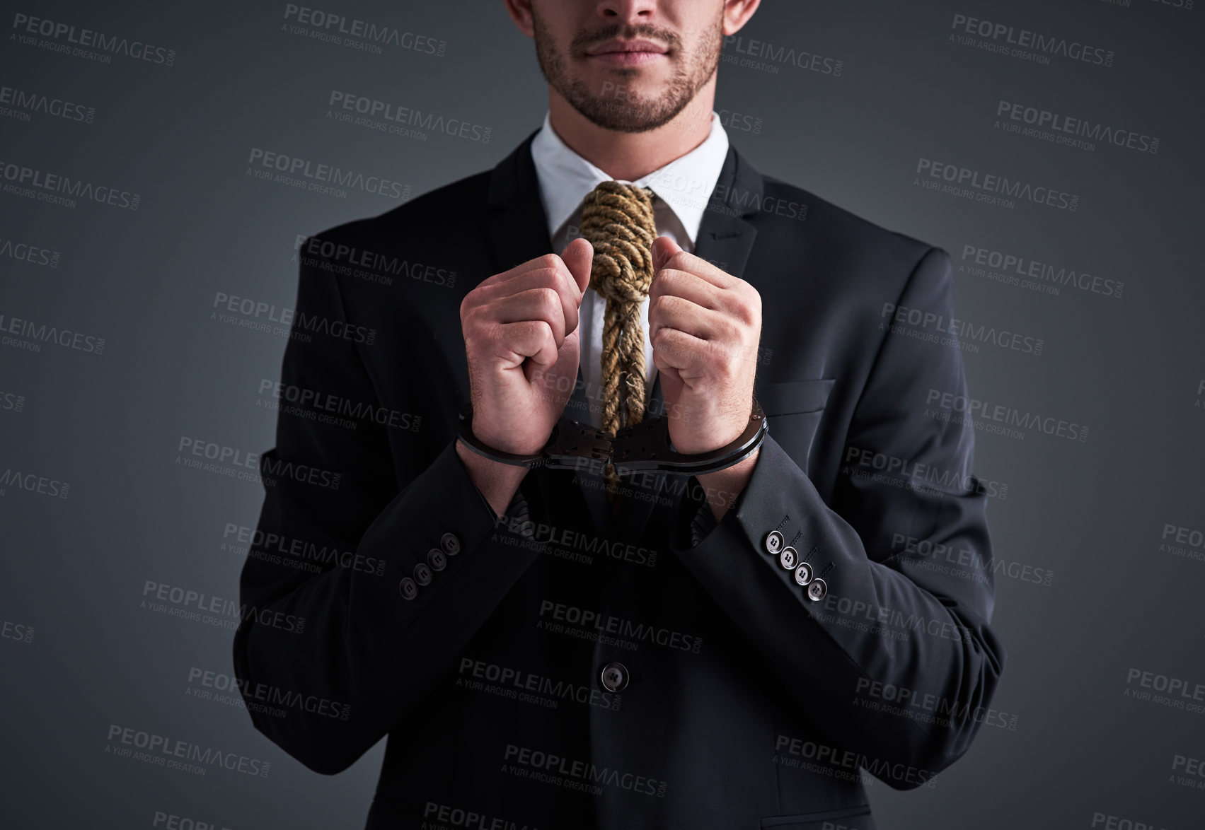 Buy stock photo Business, man and noose in neck with handcuffs in studio on black background for corporate slavery and depression. Male person, lawyer and trapped on career with mental health and exploitation