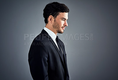 Buy stock photo Man, thinking and suit in studio for business, job opportunity and growth in company. Wall street, broker and reflection on gray background space for question career path, doubt and unsure for future