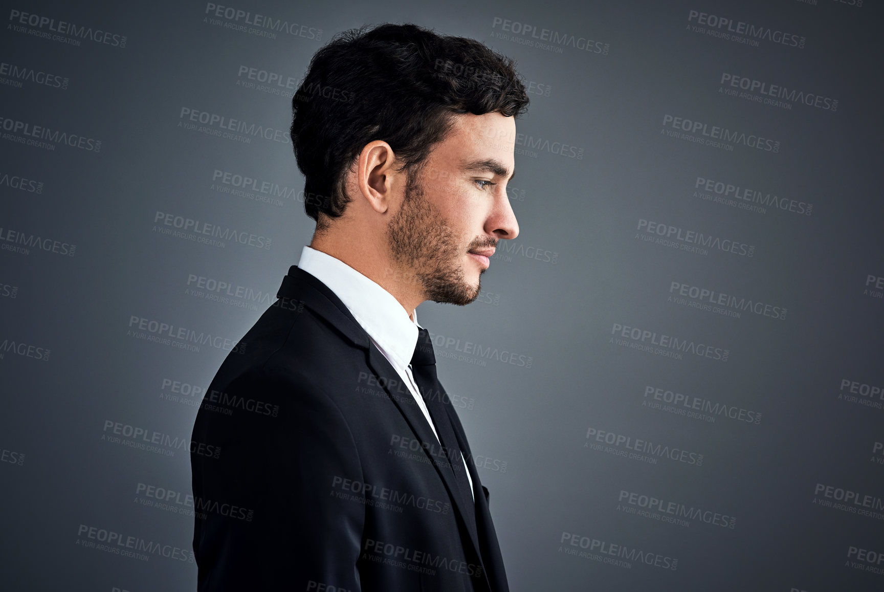 Buy stock photo Man, thinking and profile in studio for business, job opportunity or growth in company. Wall street, broker or reflection on gray background space for question career path, doubt or unsure for future