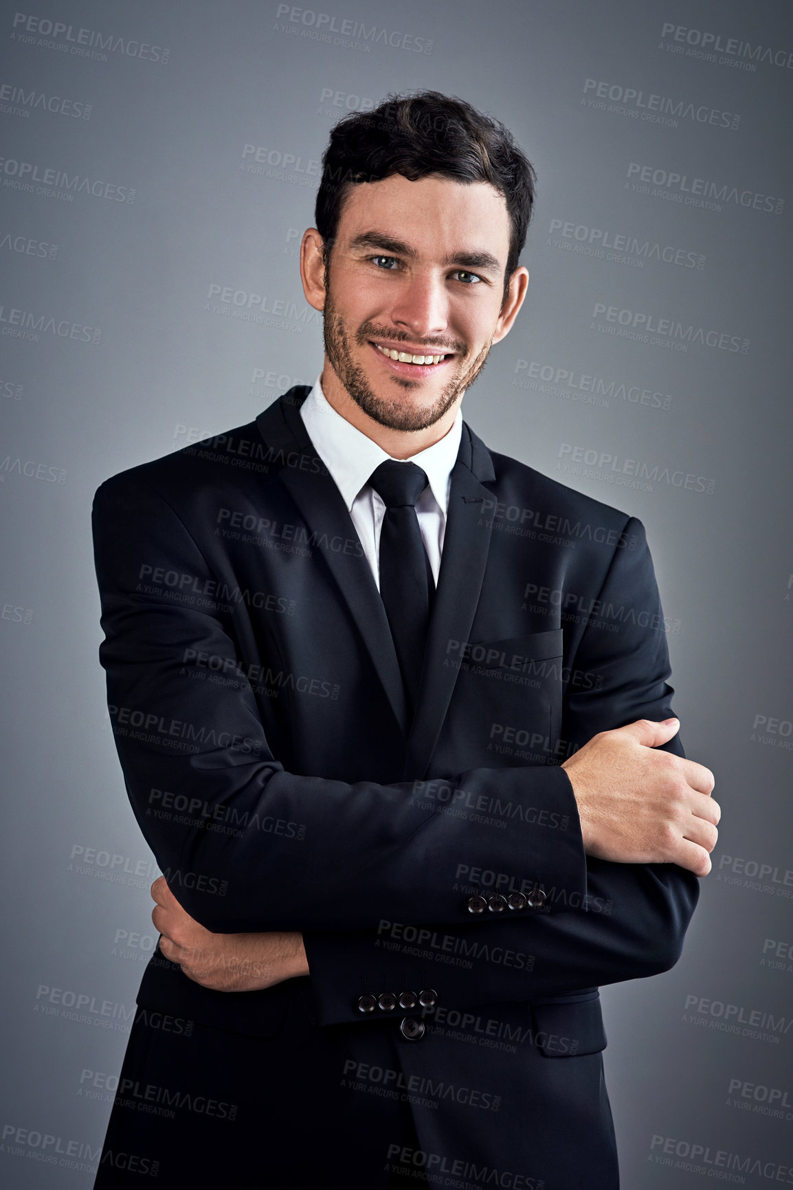 Buy stock photo Businessman, portrait and broker in studio, arms crossed professional and finance consultant. Male person, investing advisor and employee pride for career, formal fashion and style on gray background