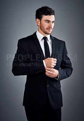 Buy stock photo Man, thinking and ready in studio for business, job opportunity and growth in company. Wall street, broker and reflection on gray background for question, career path or unsure for future in New York