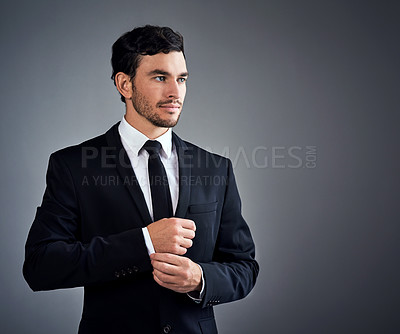 Buy stock photo Businessman, thinking and ready in studio with suit, job opportunity and growth in company. Wall street, broker and reflection on gray background space for question, career path and unsure for future