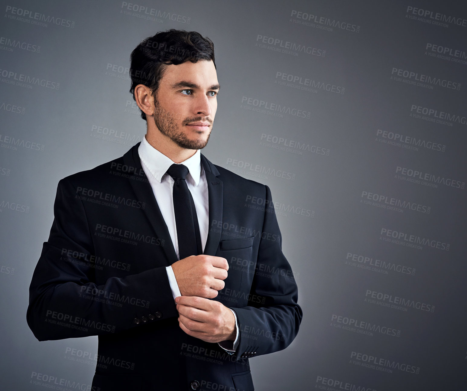 Buy stock photo Businessman, thinking and ready in studio with suit, job opportunity and growth in company. Wall street, broker and reflection on gray background space for question, career path and unsure for future