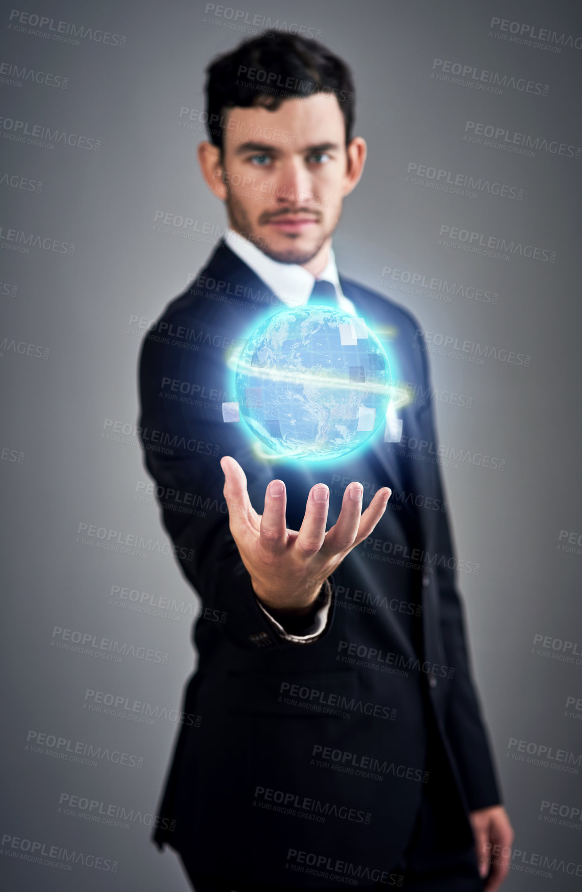 Buy stock photo Businessman, hand and hologram of world for trade, industry and international relations in studio. Male person, portrait and futuristic as worker, employee and career in global network, digital or 3D