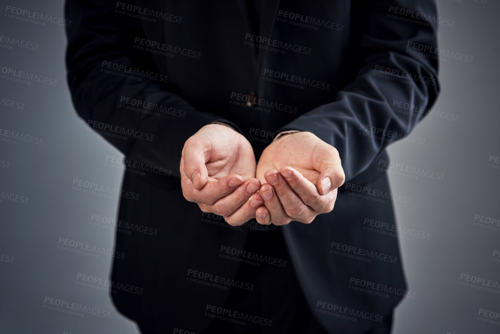 Buy stock photo Asking, hands and poverty with business man in studio on gray background for bankruptcy or unemployment. Begging, charity and offer with open palms of person for debt, donation or help closeup