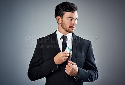 Buy stock photo Businessman, suit and dollar bill with money, fraud and career in bookkeeping for financial agency. Male person, corporate and bribery in industry, economy and investment banking on studio background