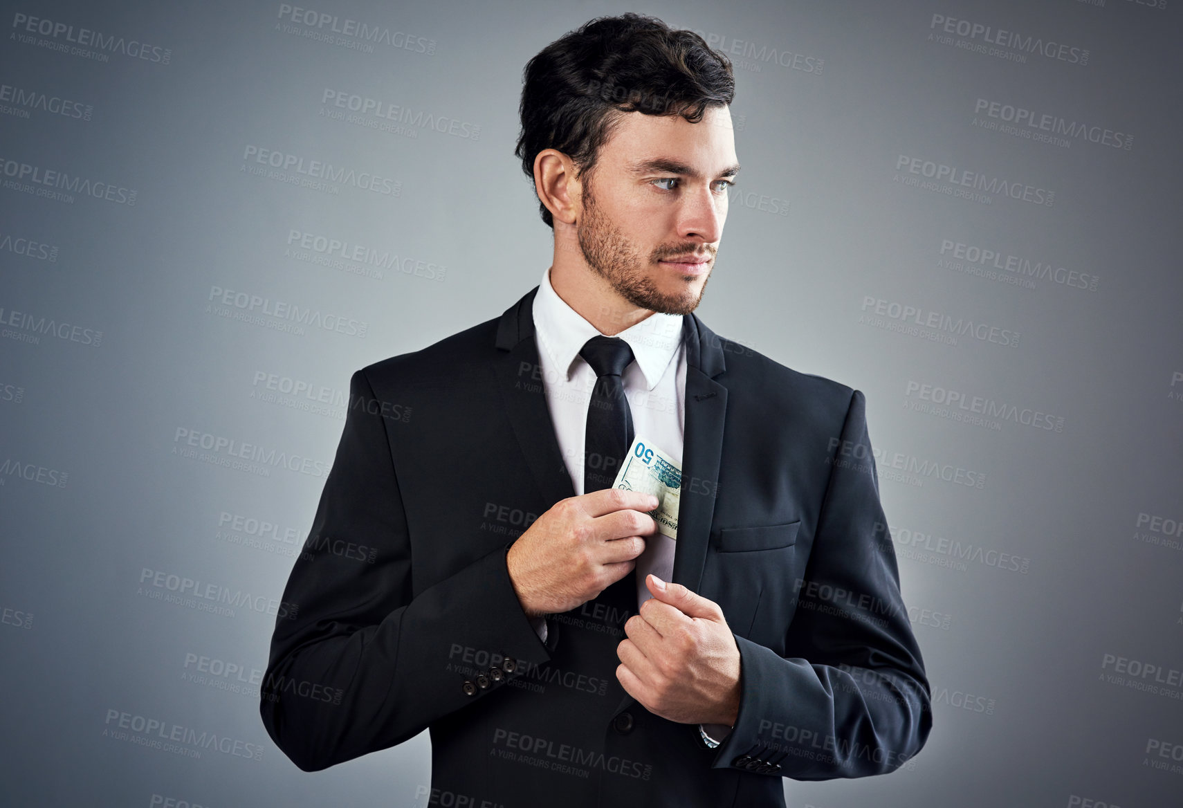 Buy stock photo Businessman, suit and dollar bill with money, fraud and career in bookkeeping for financial agency. Male person, corporate and bribery in industry, economy and investment banking on studio background