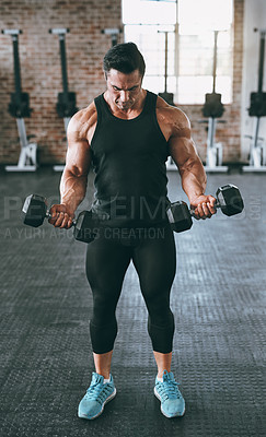 Buy stock photo Fitness, bodybuilder and man with dumbbells in gym for workout, exercise and resistance training. Pump iron, strong athlete and weightlifting for power, energy and muscle growth of bicep for health