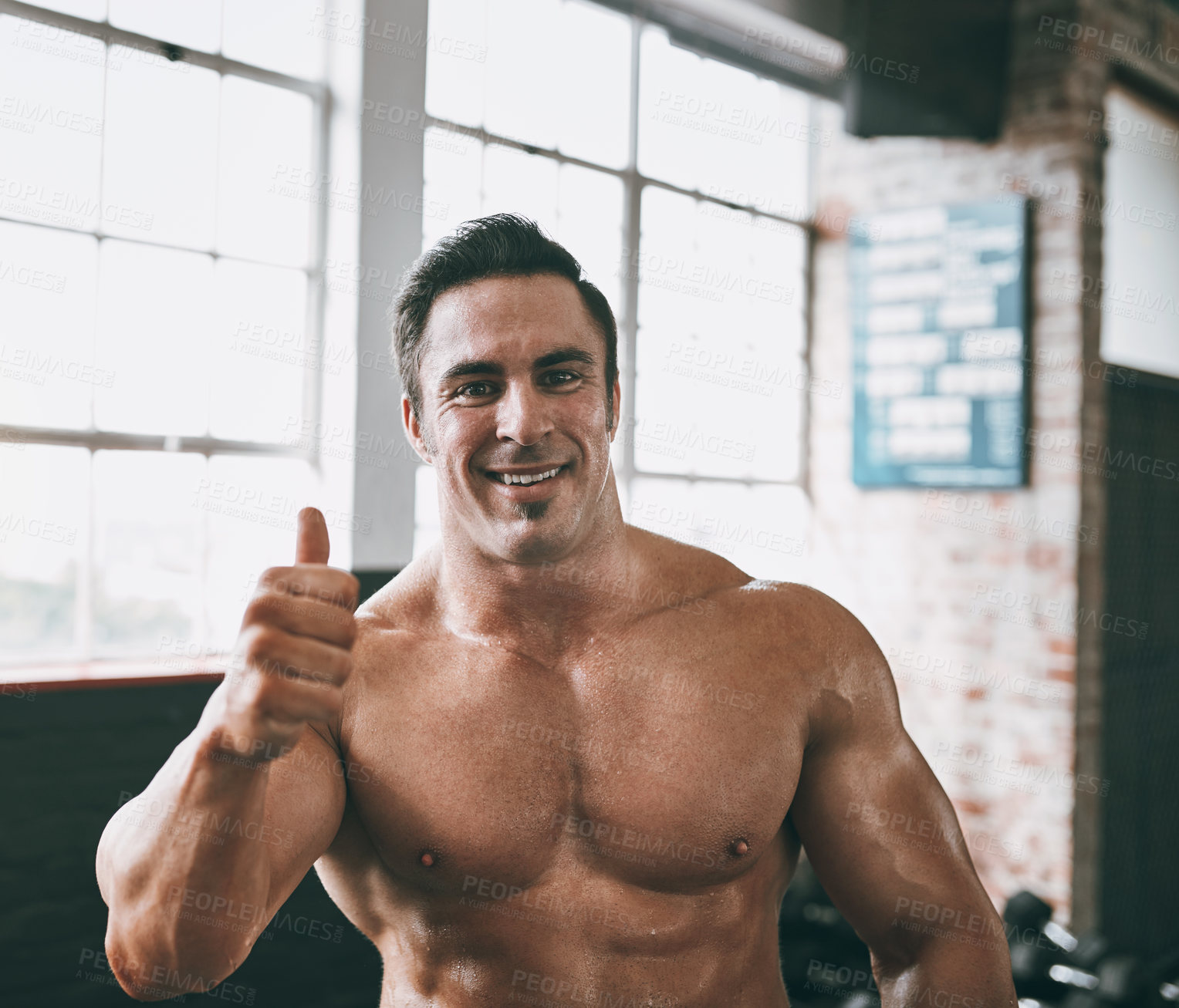 Buy stock photo Fitness, thumbs up and gym man for muscle portrait, wellness or exercise at club. Training, approval and bodybuilder person thank you for workout, sports or physical activity of athlete with smile