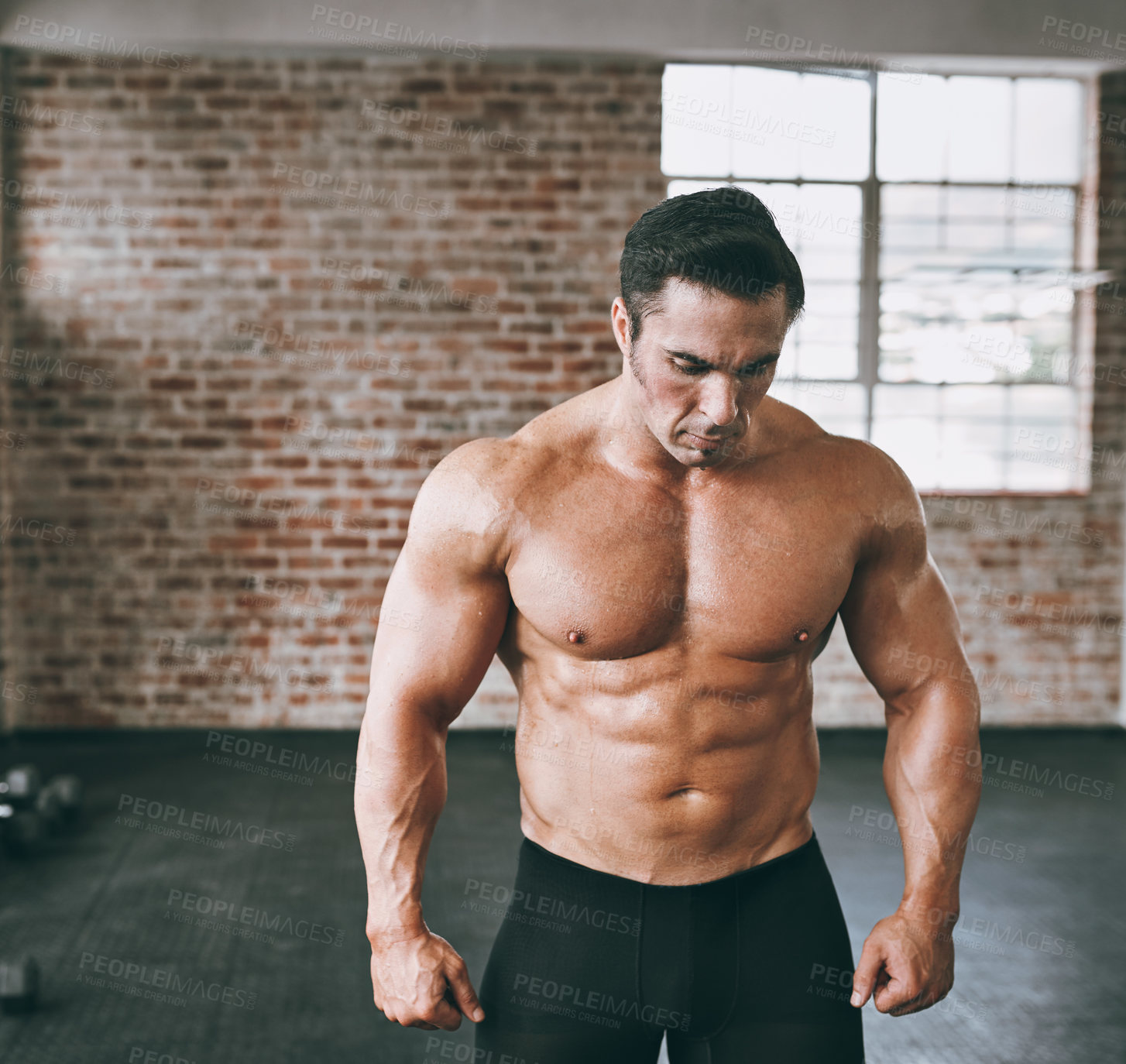 Buy stock photo Fitness, gym and shirtless man for muscle training, wellness or exercise at club. Health, six pack and bodybuilder person workout for flexibility, sports or physical activity of thinking athlete