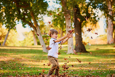 Buy stock photo Shot of a happy little boy playing in the autumn leaves outdoors