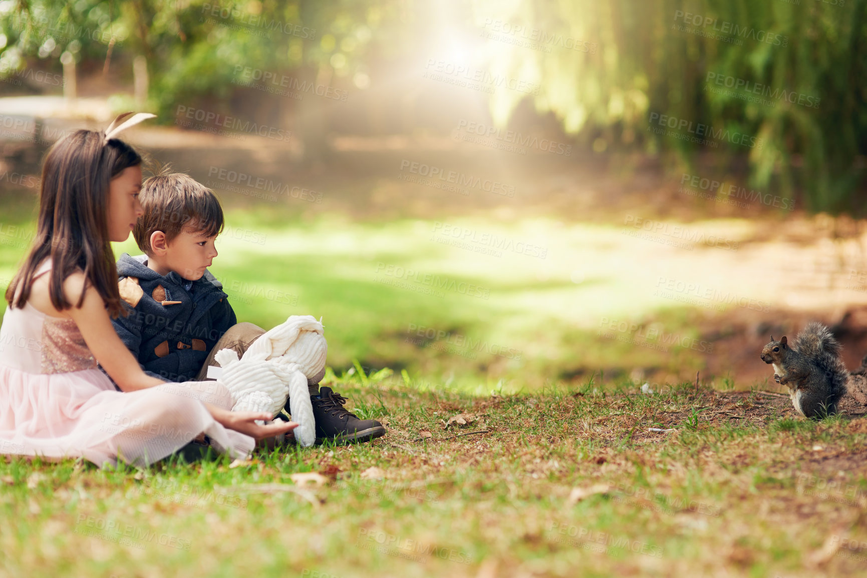 Buy stock photo Shot of a brother and sister looking curiously at a squirrel in the park