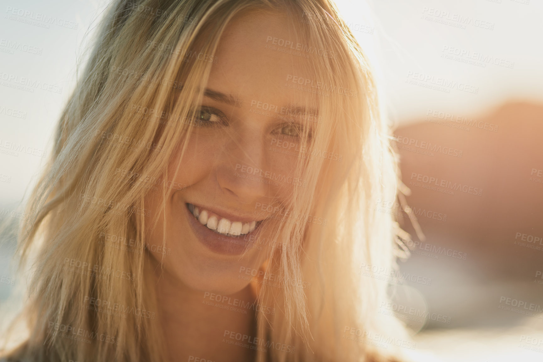 Buy stock photo Closeup of a beautiful young woman on the beach