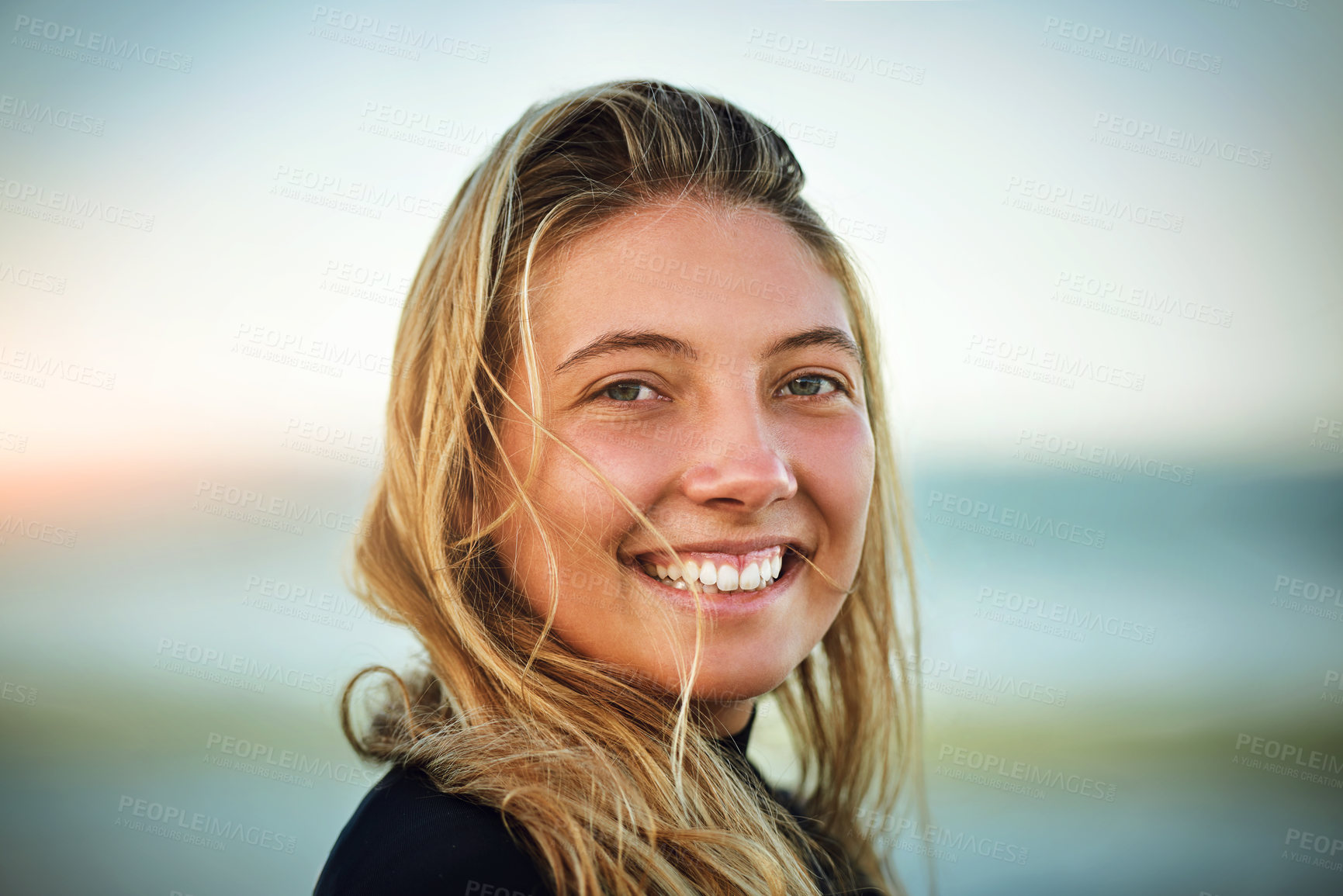 Buy stock photo Portrait, woman and surfer on beach for wellness, sport or recreation in nature for fitness or health. Female person, happy and excited for summer, freedom or adventure in waves on vacation or travel