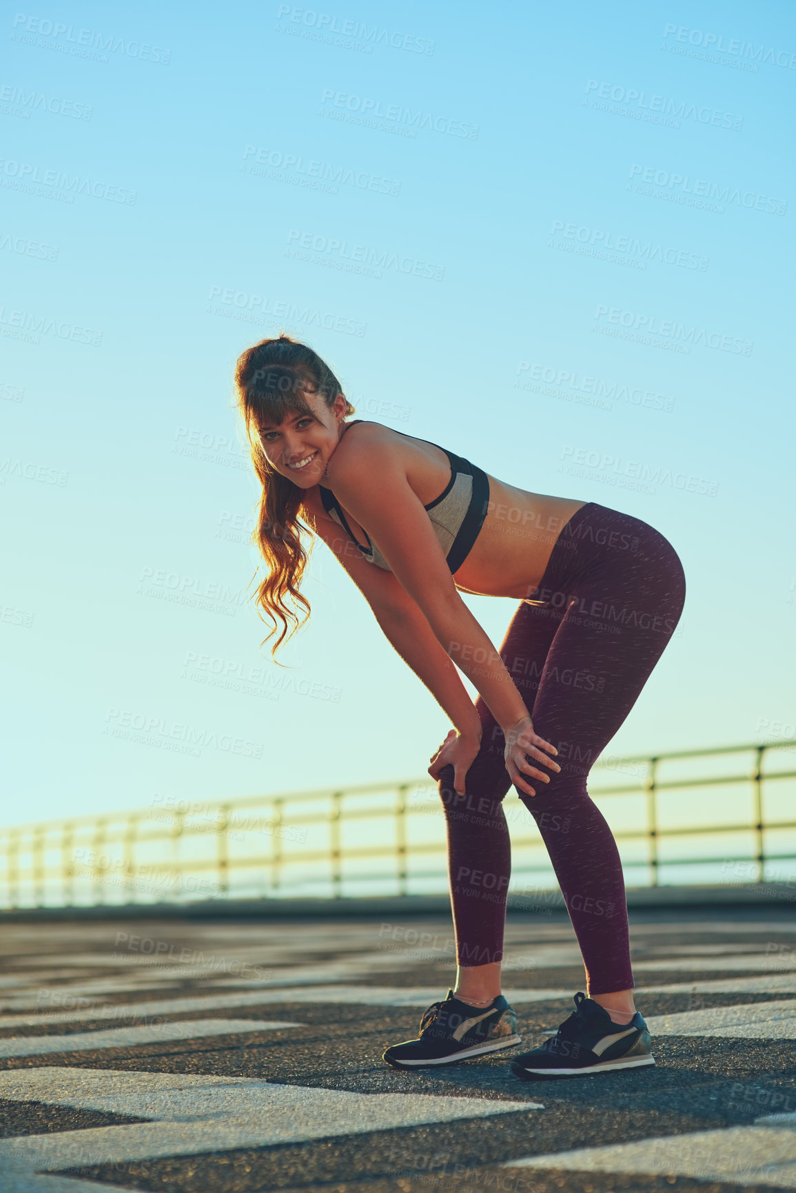 Buy stock photo Fitness, running and portrait with woman on promenade outdoor for break from workout routine. Exercise, health and smile with happy sports person resting at beach to relax from cardio training