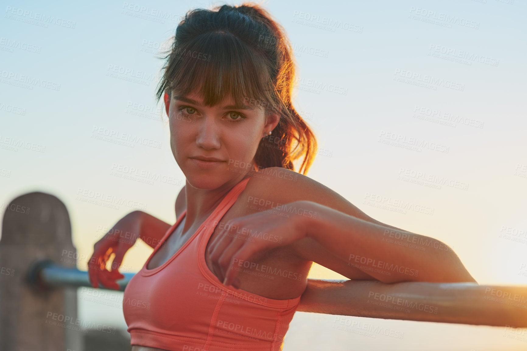 Buy stock photo Fitness, portrait and serious with woman on promenade outdoor for start of workout routine. Exercise, face and health with confident sports person at beach for break or rest from cardio training