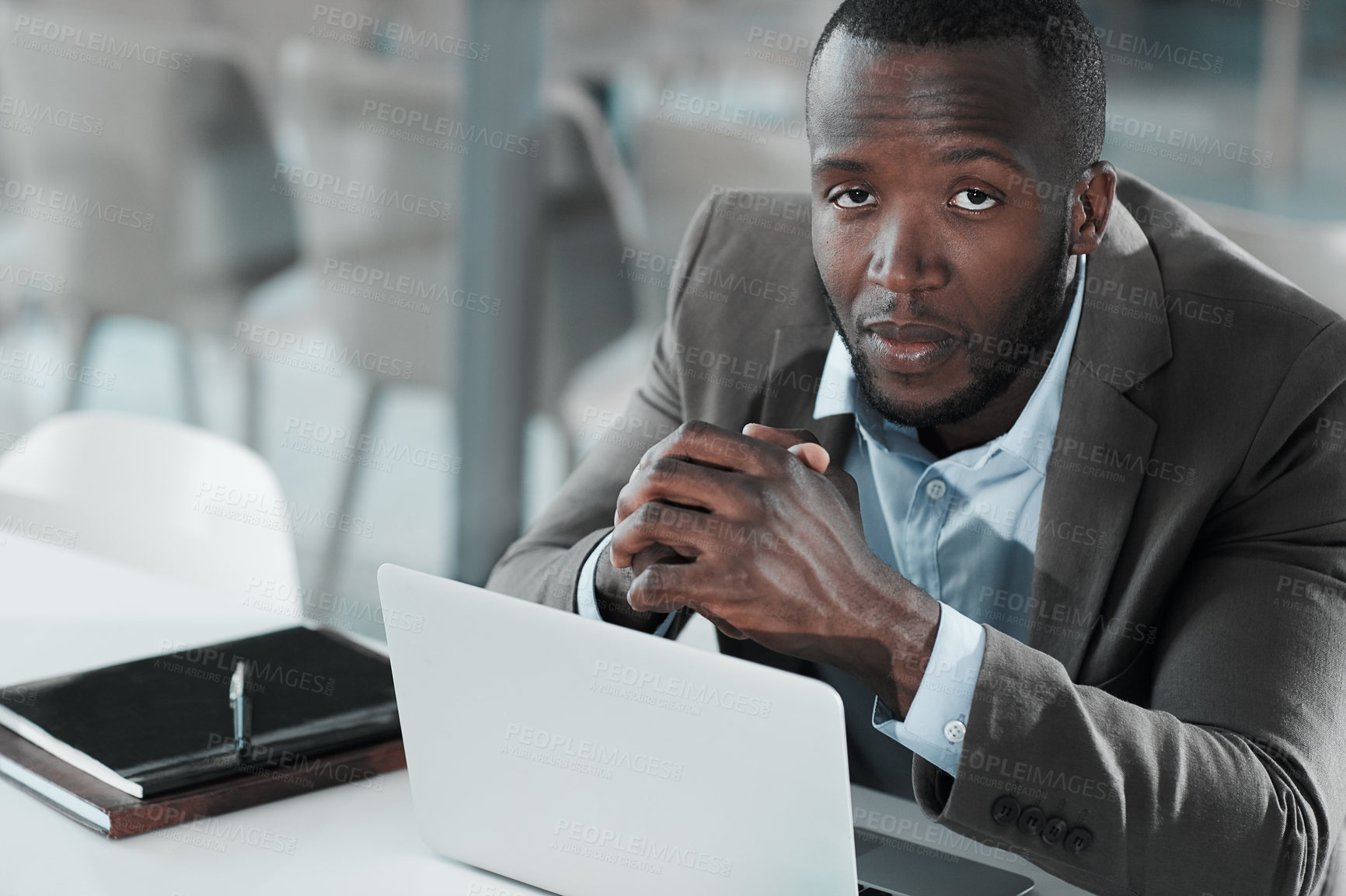 Buy stock photo Portrait, financial advisor and black man in workplace, laptop and planning for trading strategy. African person, investor and corporate professional with pc, connection and email for company audit
