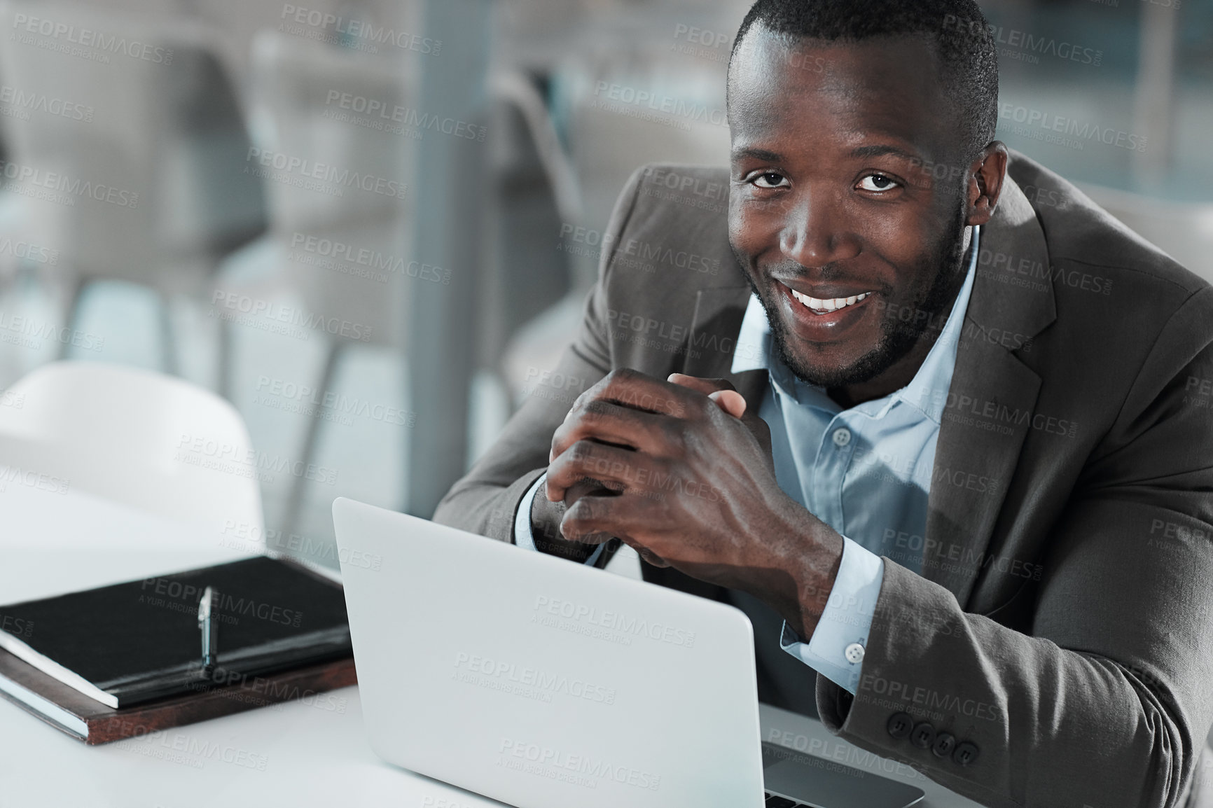Buy stock photo Portrait, investor and black man in office, laptop and planning for trading strategy. African person, financial advisor and corporate professional in workplace, computer and email for company audit