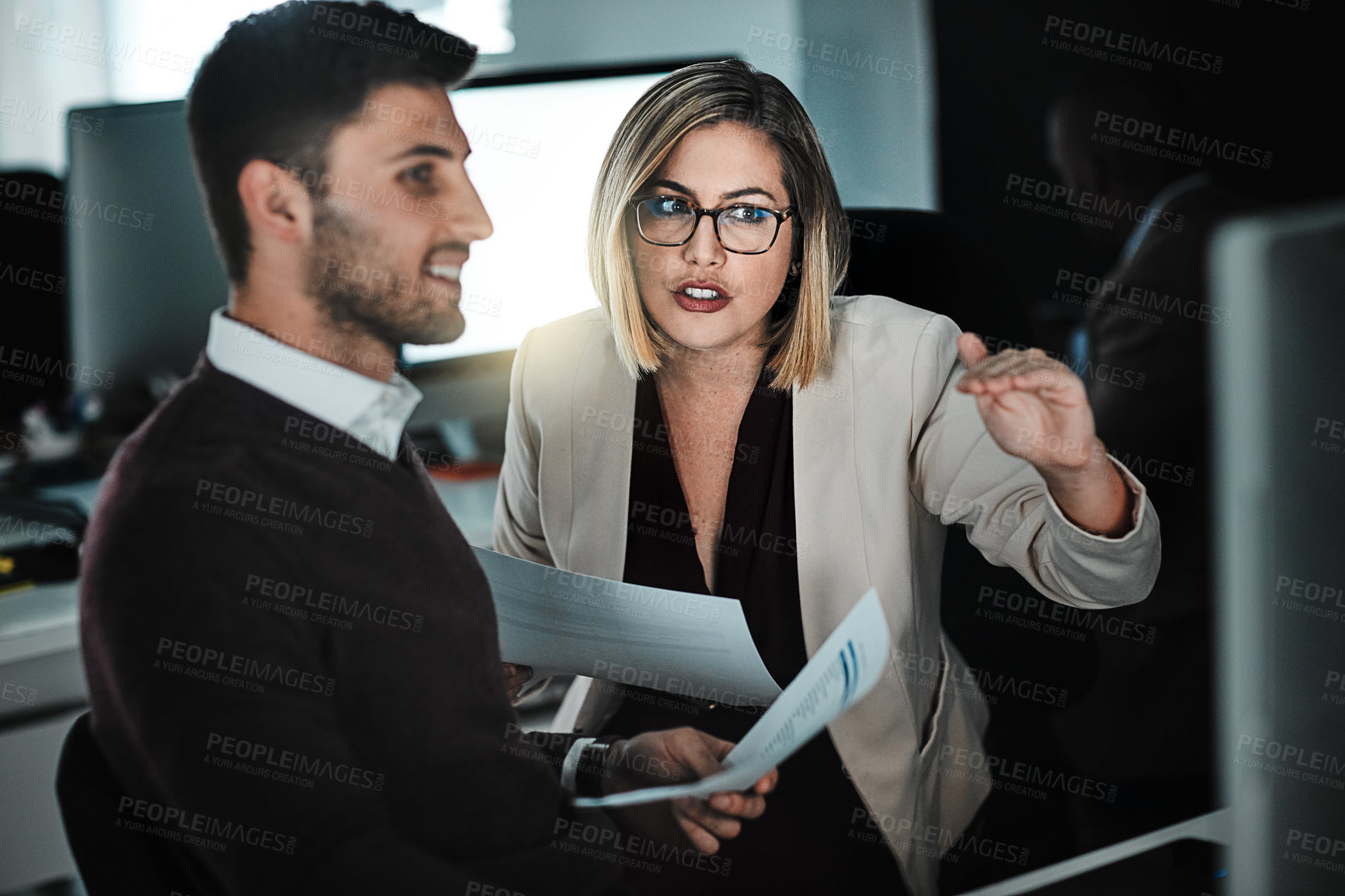 Buy stock photo Business people, expert and teamwork with documents, planning and explain system with paperwork, cooperation and meeting for financial growth. Accounting, economy analyst and employees with advice