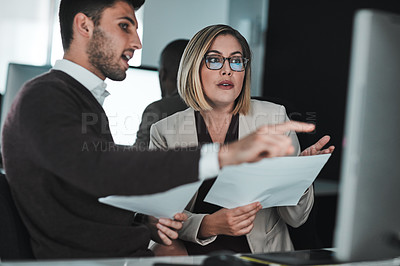 Buy stock photo Business people, meeting and teamwork with documents, computer and brainstorming with idea, talk or cooperation. Financial growth, accounting and economy analyst or employees with paperwork or mentor